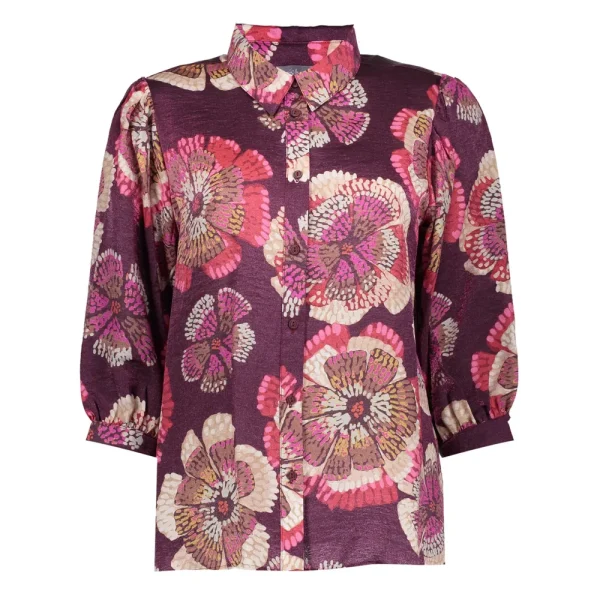 Vrouwen Geisha Fashion Geisha Dames Blouse Met Bloemen Print 33648-20 Burgundy
