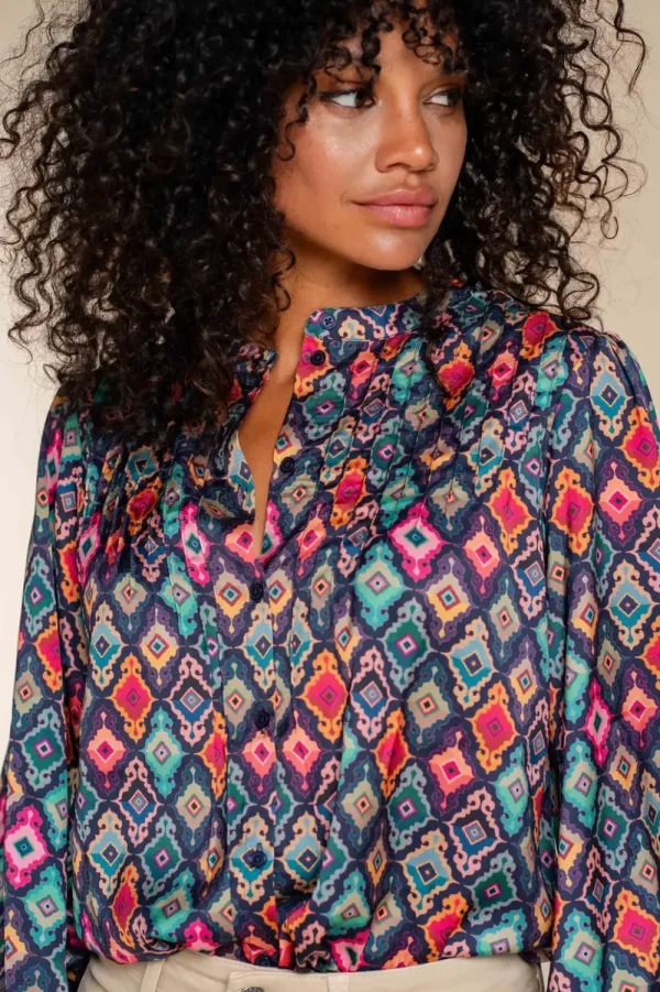 Vrouwen Geisha Fashion Geisha Dames Blouse Met Ruit Print 33890-81 Navy